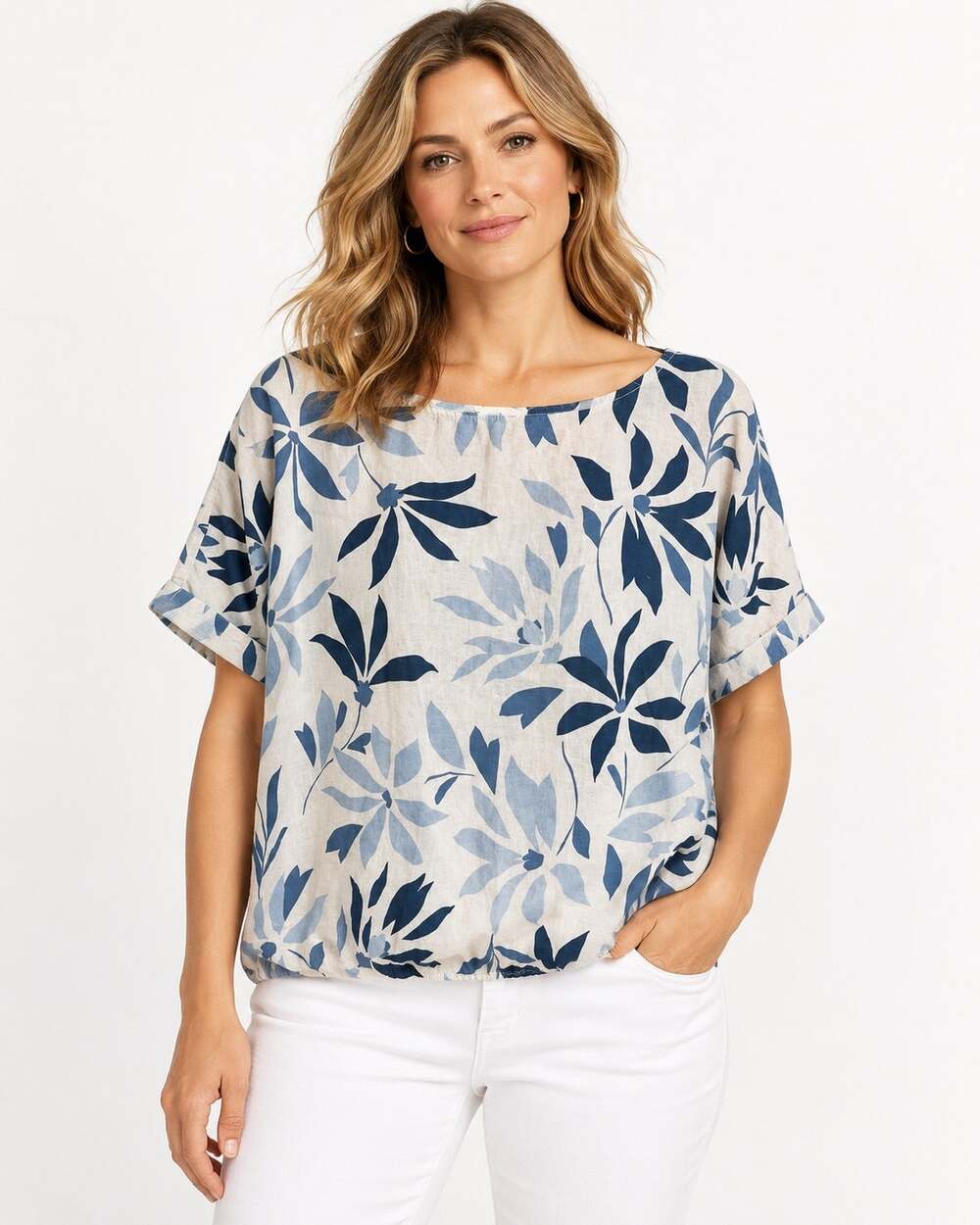 LOFT Women’s XL Blue White Floral Linen Cotton Blend Short Sleeve Blouse